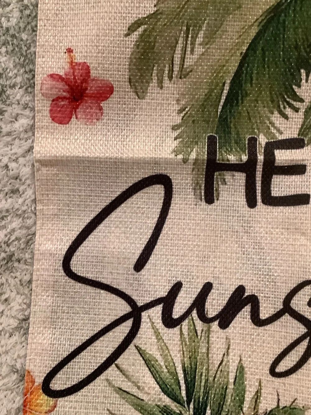 Hello Sunshine Tropical Palm Coconut Floral Small Garden Flag Burlap NWT